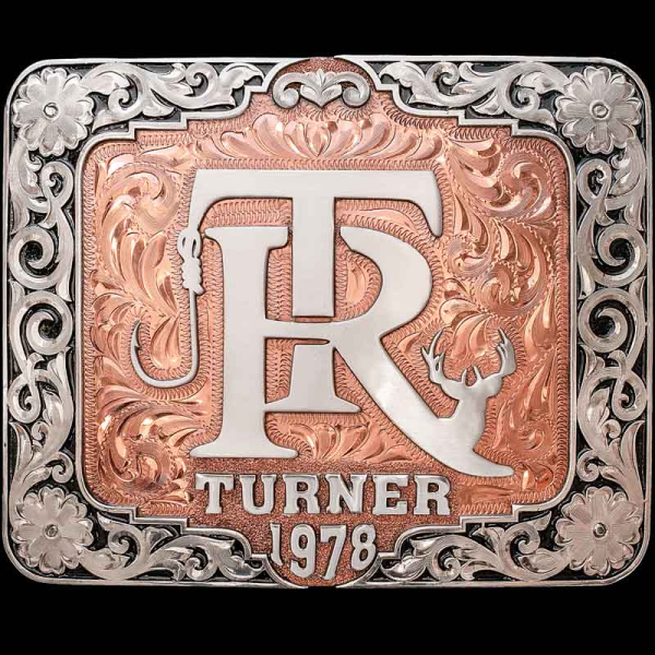 Another twist on our best-selling Decatur Belt Buckle! Crafted on an engraved Copper base with a natural finish. Add your Ranch Brand, Custom Logo, Initials and more! 
